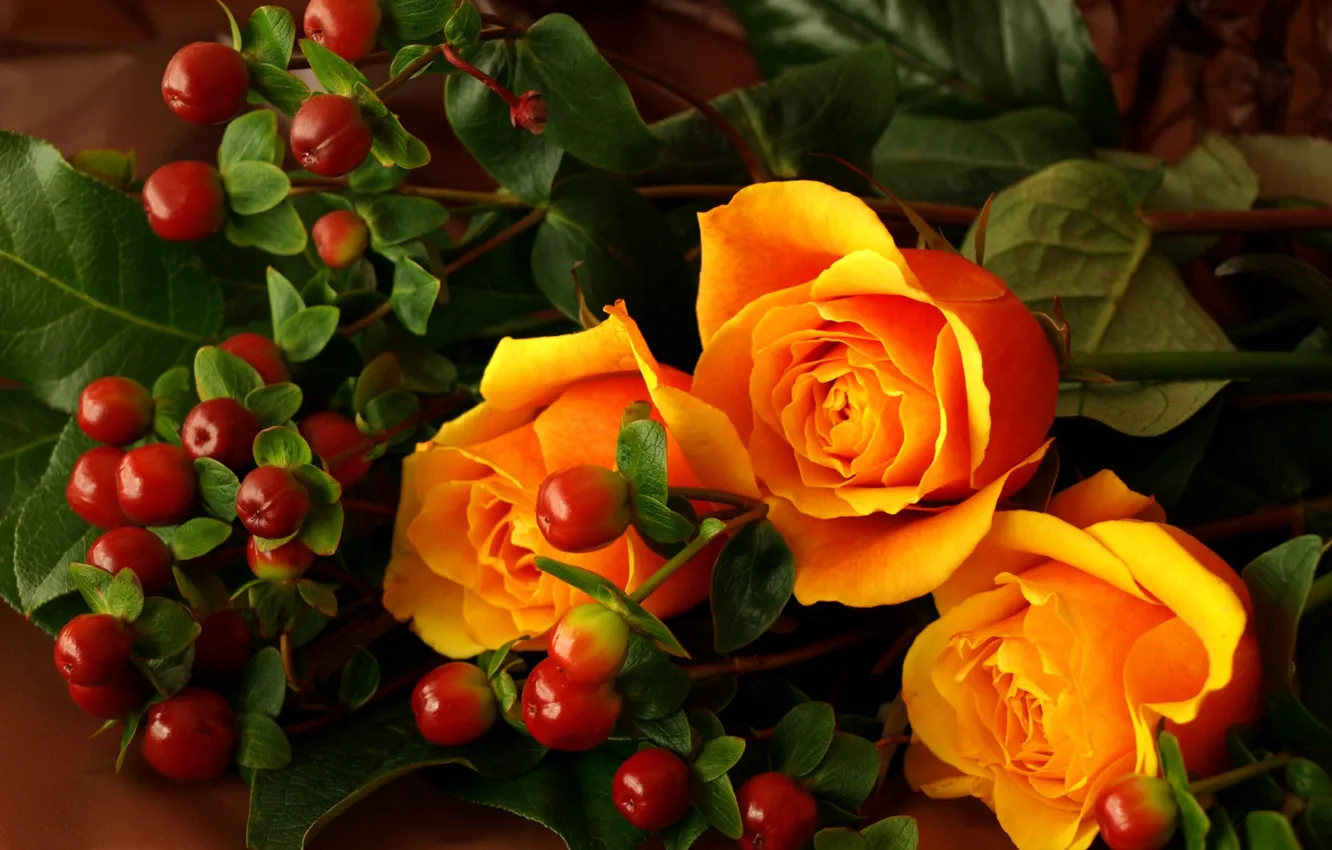 Photo wallpaper orange, berries, roses