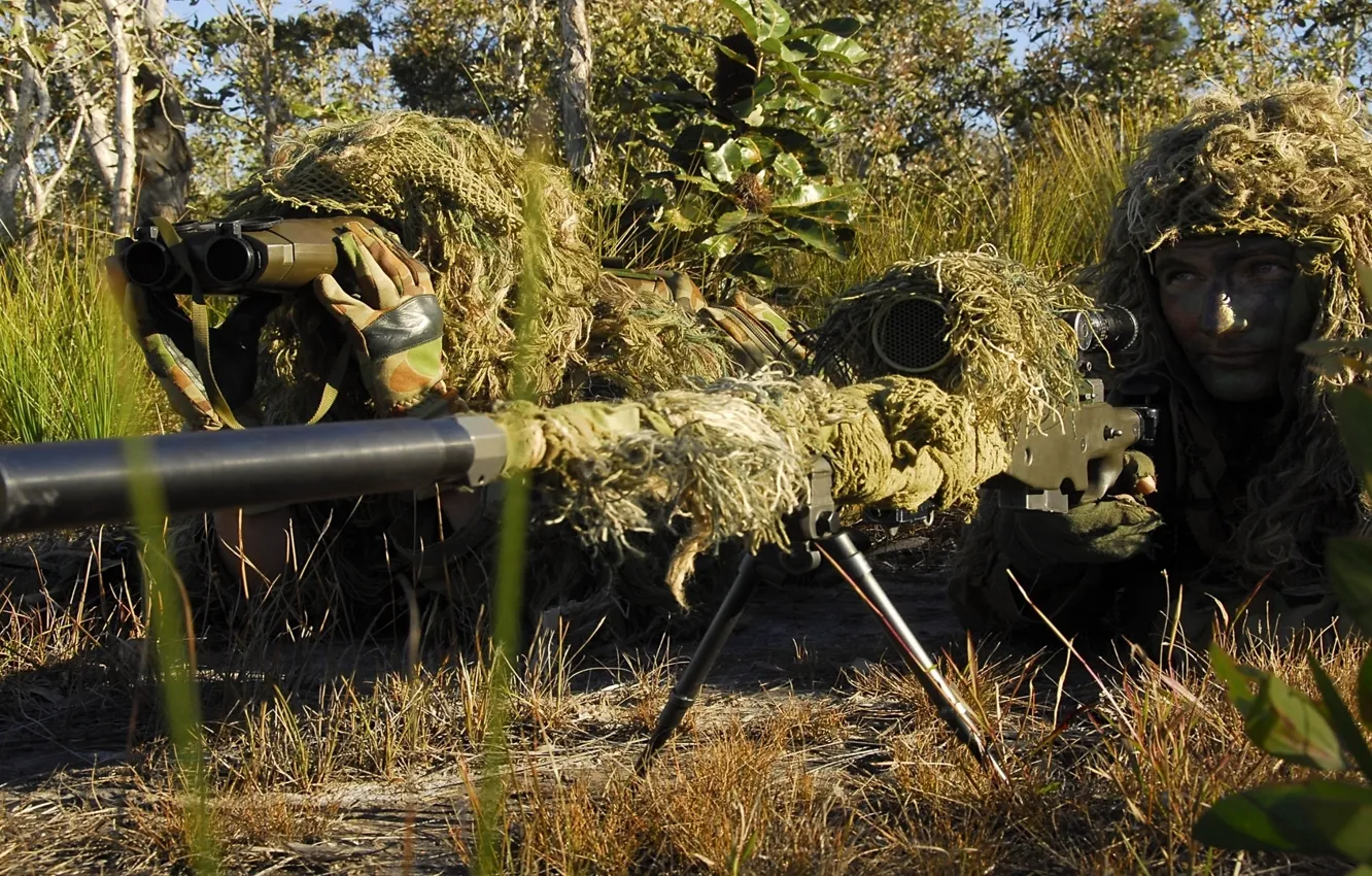 Photo wallpaper grass, trees, vegetation, soldiers, disguise, equipment, firing position, sniper