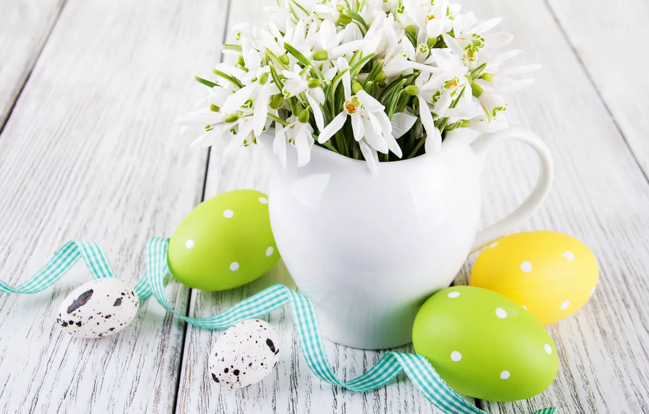 Photo wallpaper flowers, eggs, colorful, snowdrops, Easter, happy, wood, blossom