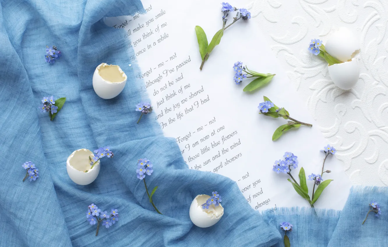 Photo wallpaper flowers, text, paper, sprig, holiday, blue, pattern, eggs