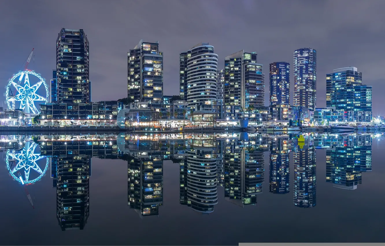 Photo wallpaper building, Bay, skyscrapers, Australia, night city, promenade, Melbourne, Australia
