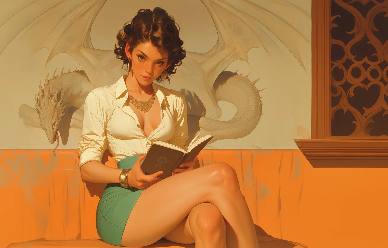 Photo wallpaper short hair, women, brunette, creature, sitting, thighs, bent legs, legs crossed