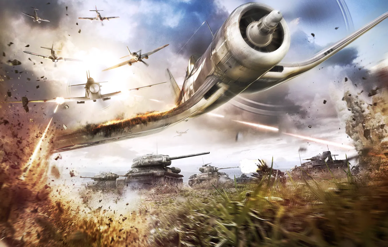 Photo wallpaper grass, the plane, war, Games, battlefield, tanks, Airplane, Firing