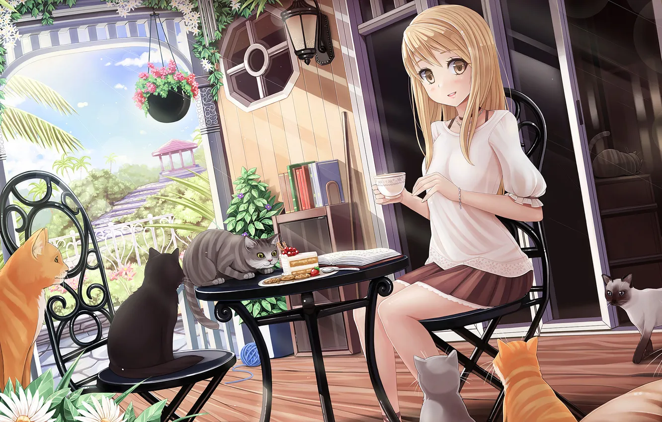Photo wallpaper cat, girl, flowers, smile, home, anime, art, Cup