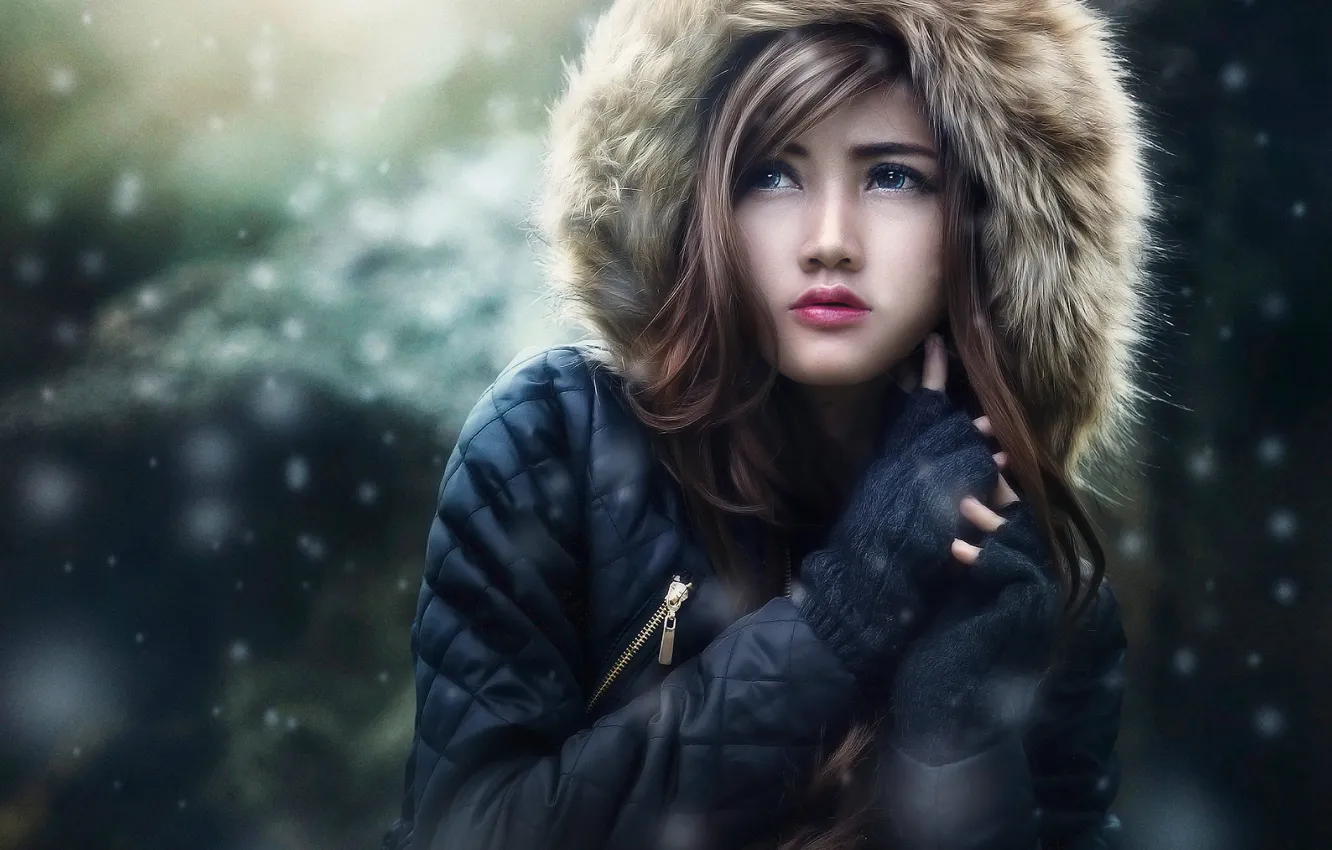 Photo wallpaper winter, girl, snow, cold