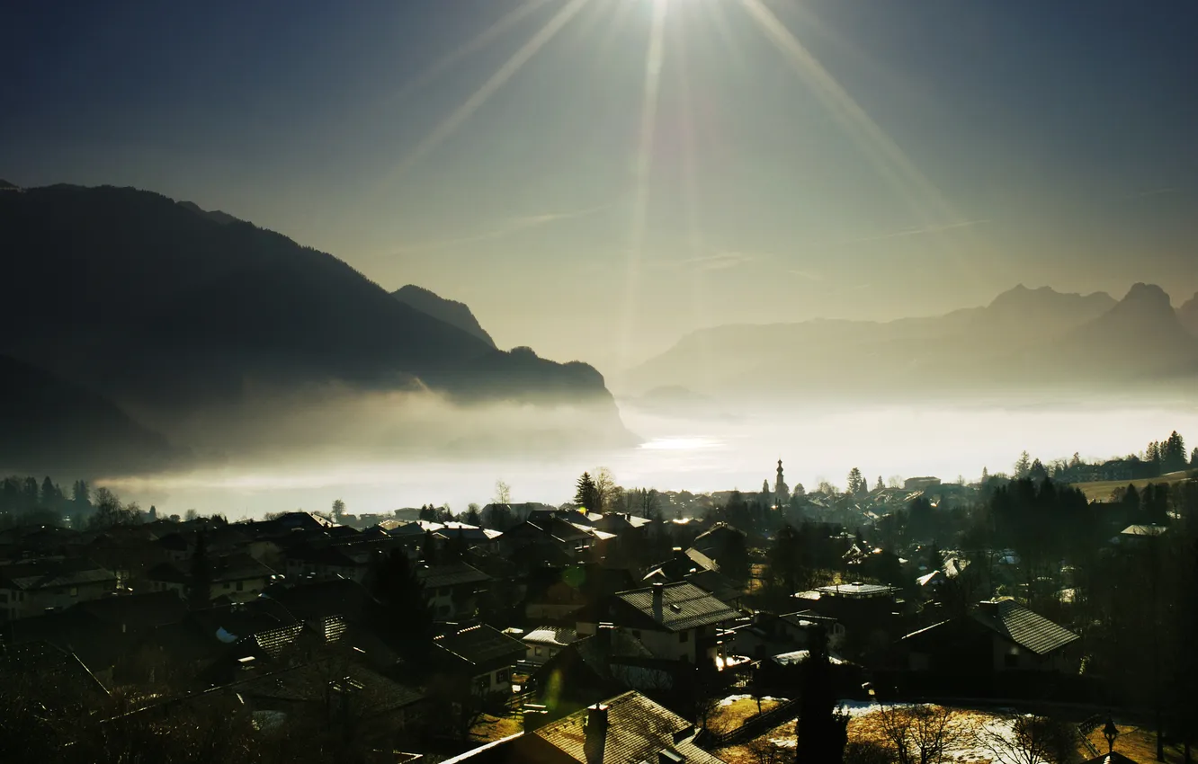 Photo wallpaper the sun, rays, light, mountains, fog, photo, Wallpaper, home