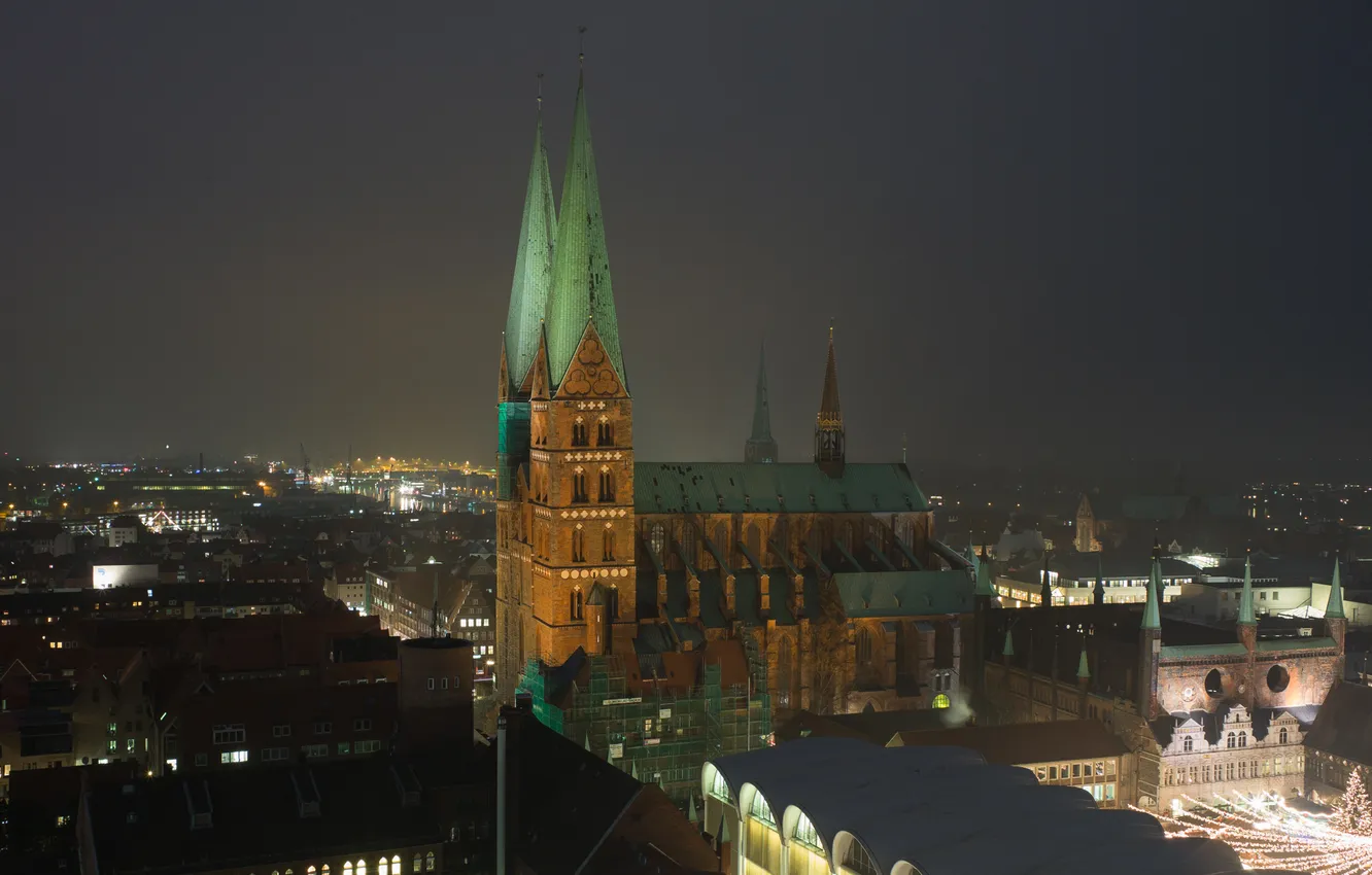 Photo wallpaper night, lights, home, Germany, Church, panorama, Lubeck