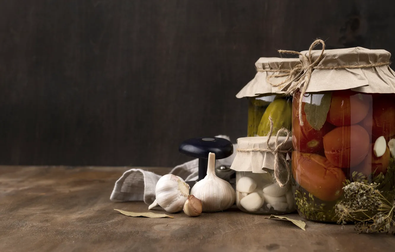 Photo wallpaper table, dill, Bank, tomatoes, cucumbers, garlic, salting