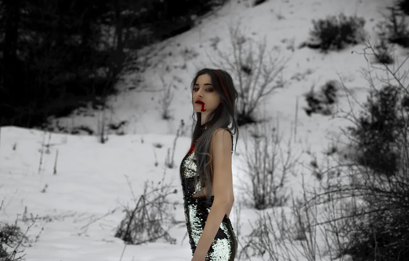 Photo wallpaper girl, snow, blood, lips, Death reigns over all