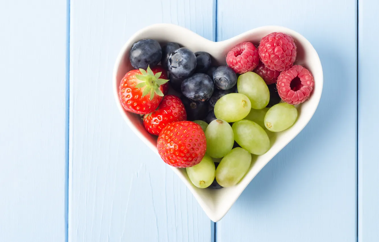 Photo wallpaper berries, raspberry, background, widescreen, Wallpaper, heart, food, blueberries