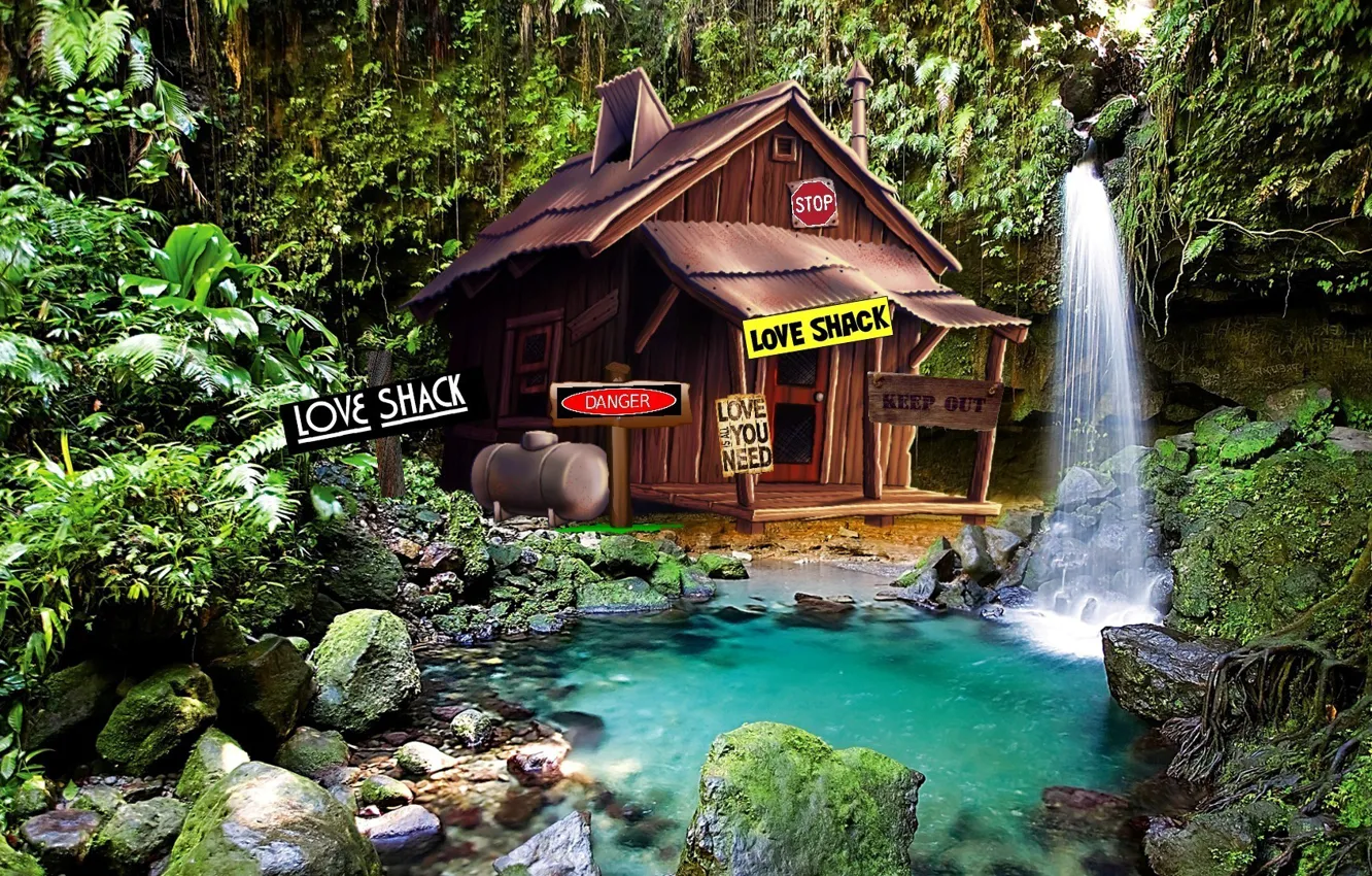 Photo wallpaper fantasy, trees, nature, bushes, waterfall, pond, shack