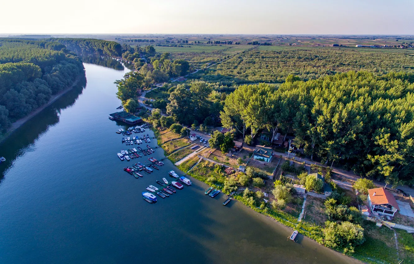 Photo wallpaper greens, field, the sky, the sun, trees, river, boat, horizon