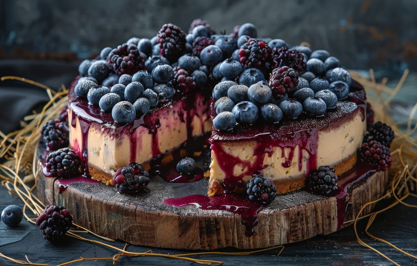 Photo wallpaper berries, blueberries, juice, stains, cake, cream, dessert, stand