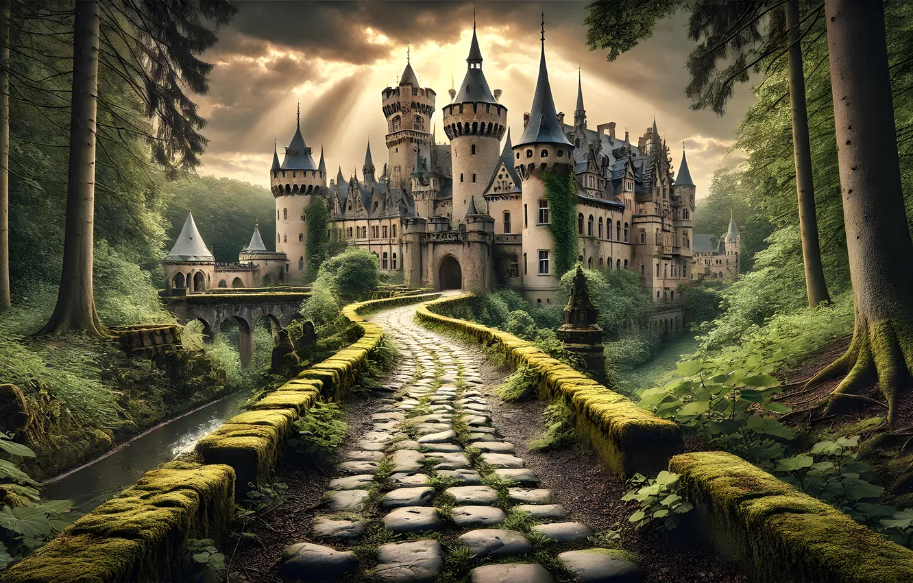 Photo wallpaper road, stones, castle, fantasy, border, pine, AI art, neural network