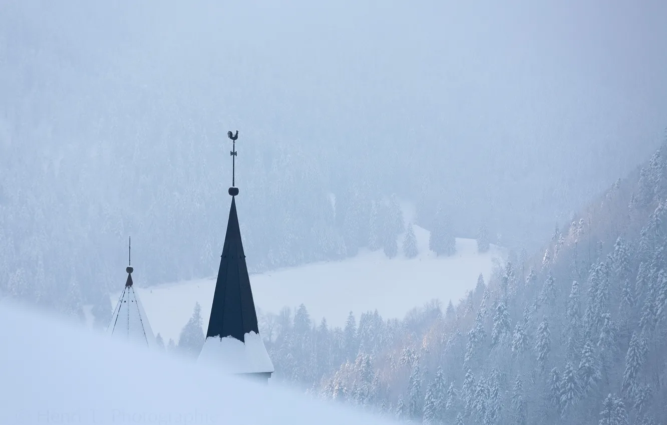 Photo wallpaper winter, landscape, fog, France, 'isere, Monastery of the Grande Chartreuse