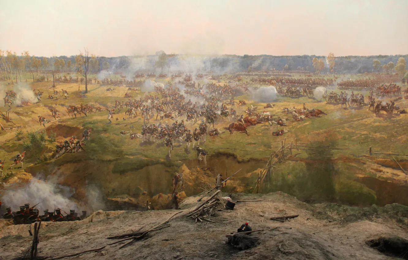 Photo wallpaper Smoke, Battle, Picture, The battle, Soldiers, Horse, Fragment, Russian