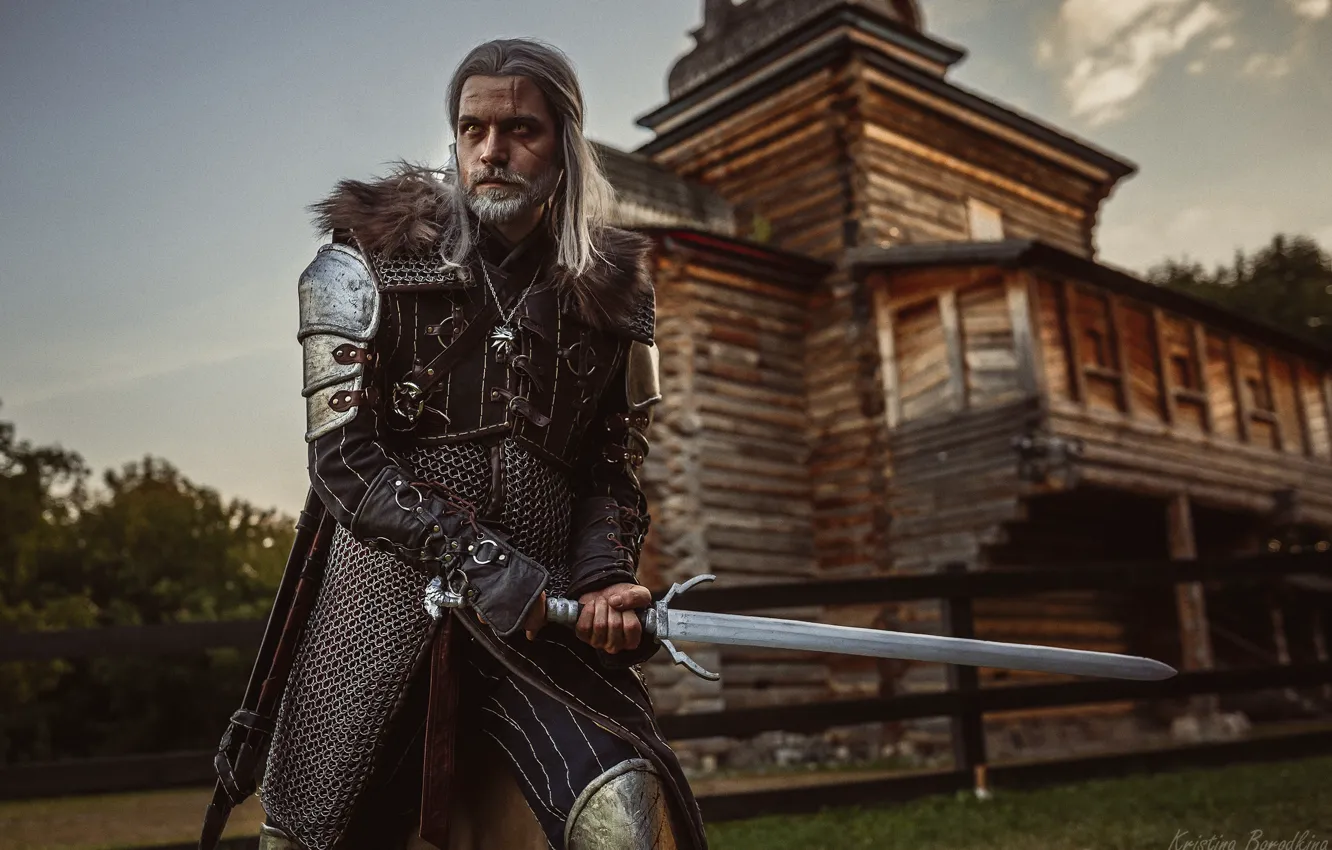 Photo wallpaper look, armor, Church, male, sword, posing, cosplay, Geralt
