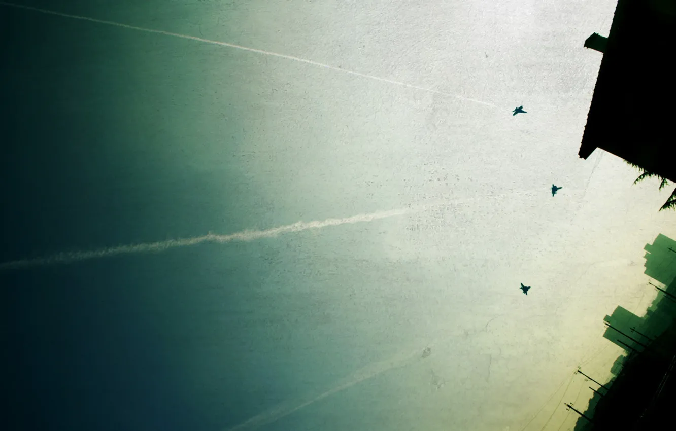 Photo wallpaper the sky, traces, the city, fighter, the plane