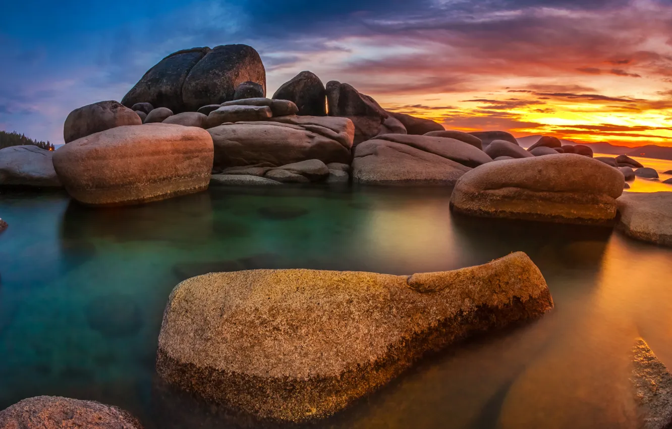 Photo wallpaper sea, the sky, sunset, mountains, stones, pond, boulders, Wallpaper from lolita777
