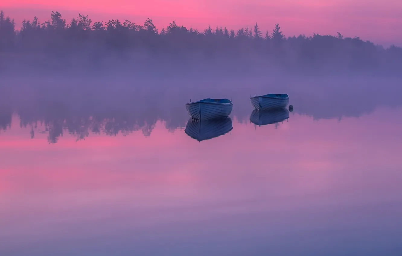 Photo wallpaper night, fog, lake, boats