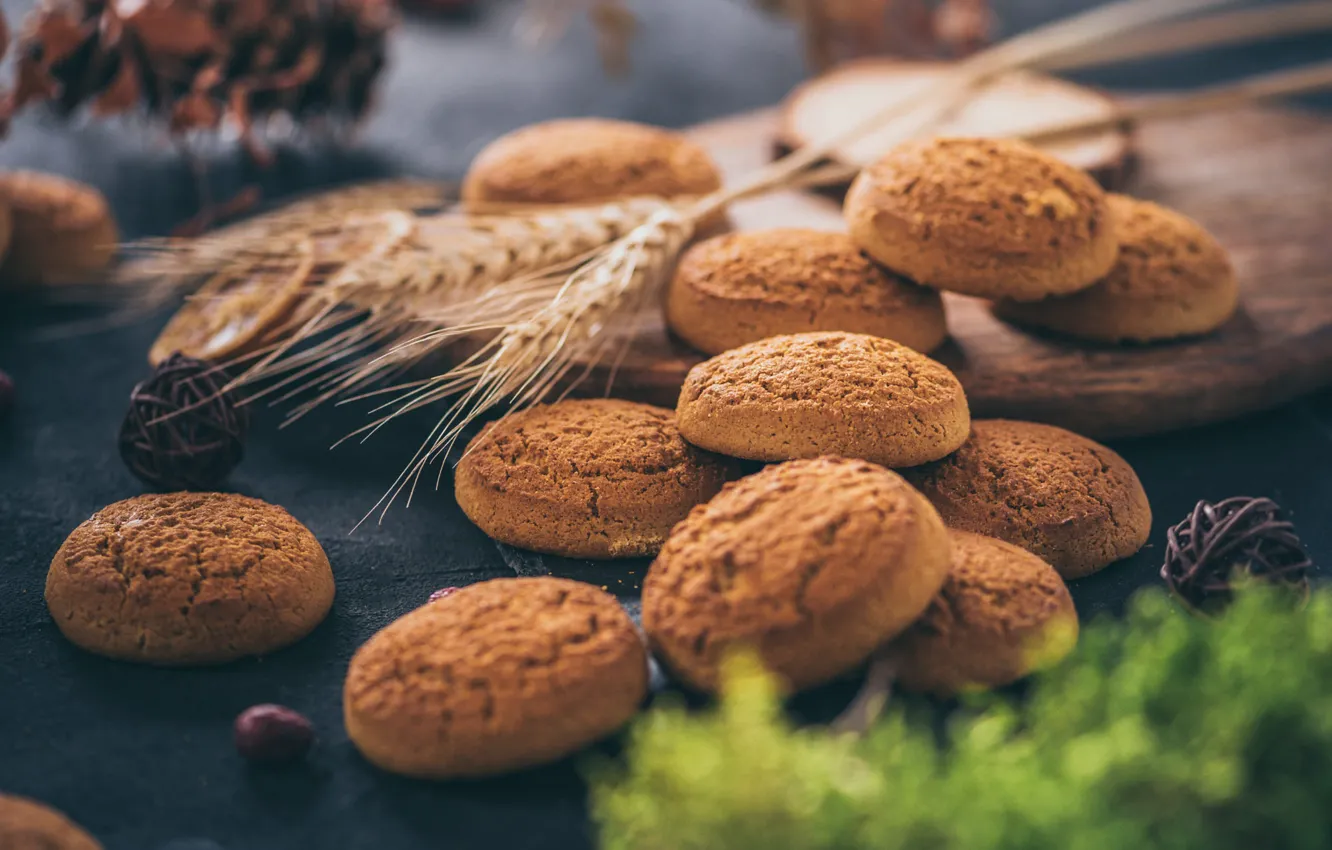 Photo wallpaper table, cookies, ears, cereals, cakes, cutting Board, oatmeal cookies, tea