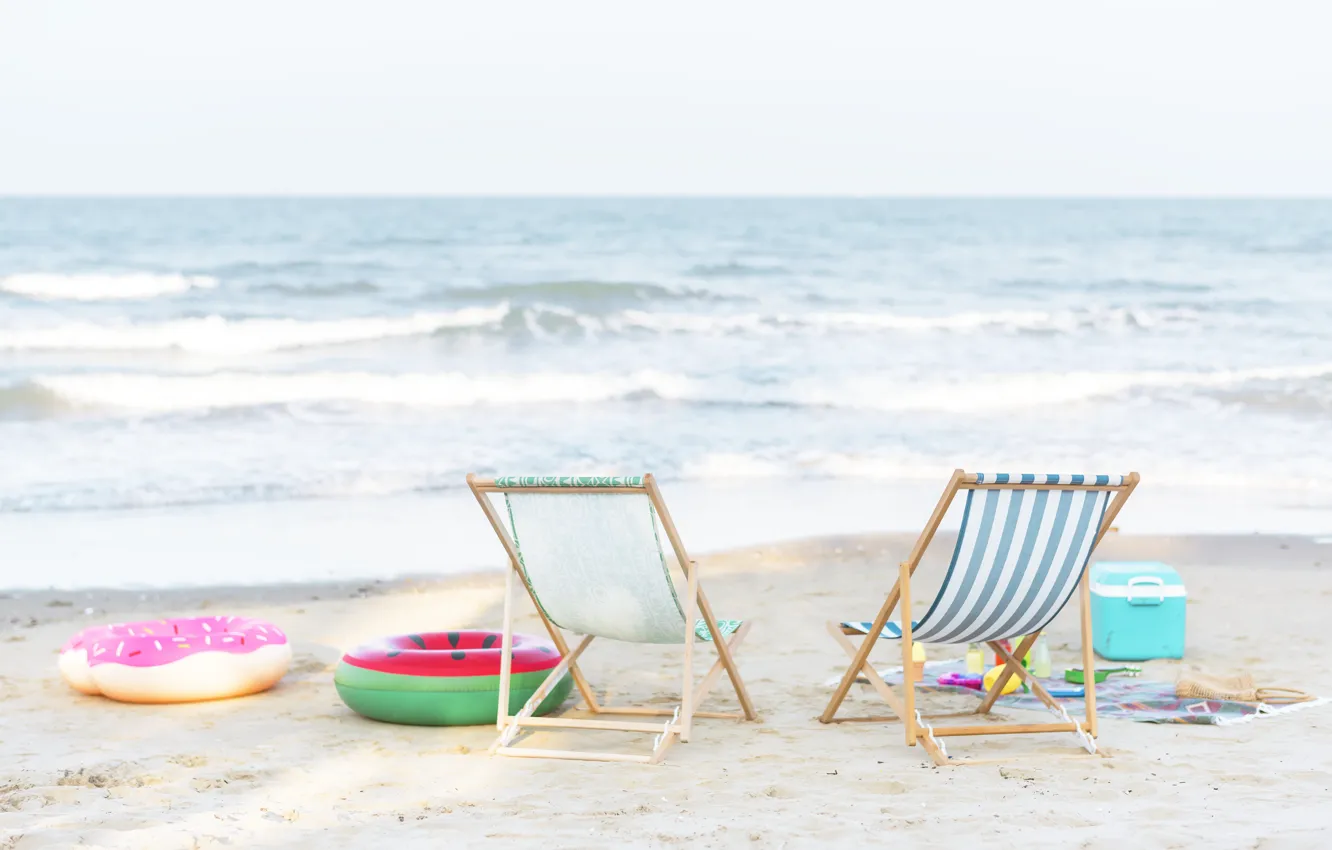 Photo wallpaper sand, sea, wave, beach, summer, the sky, chaise, summer