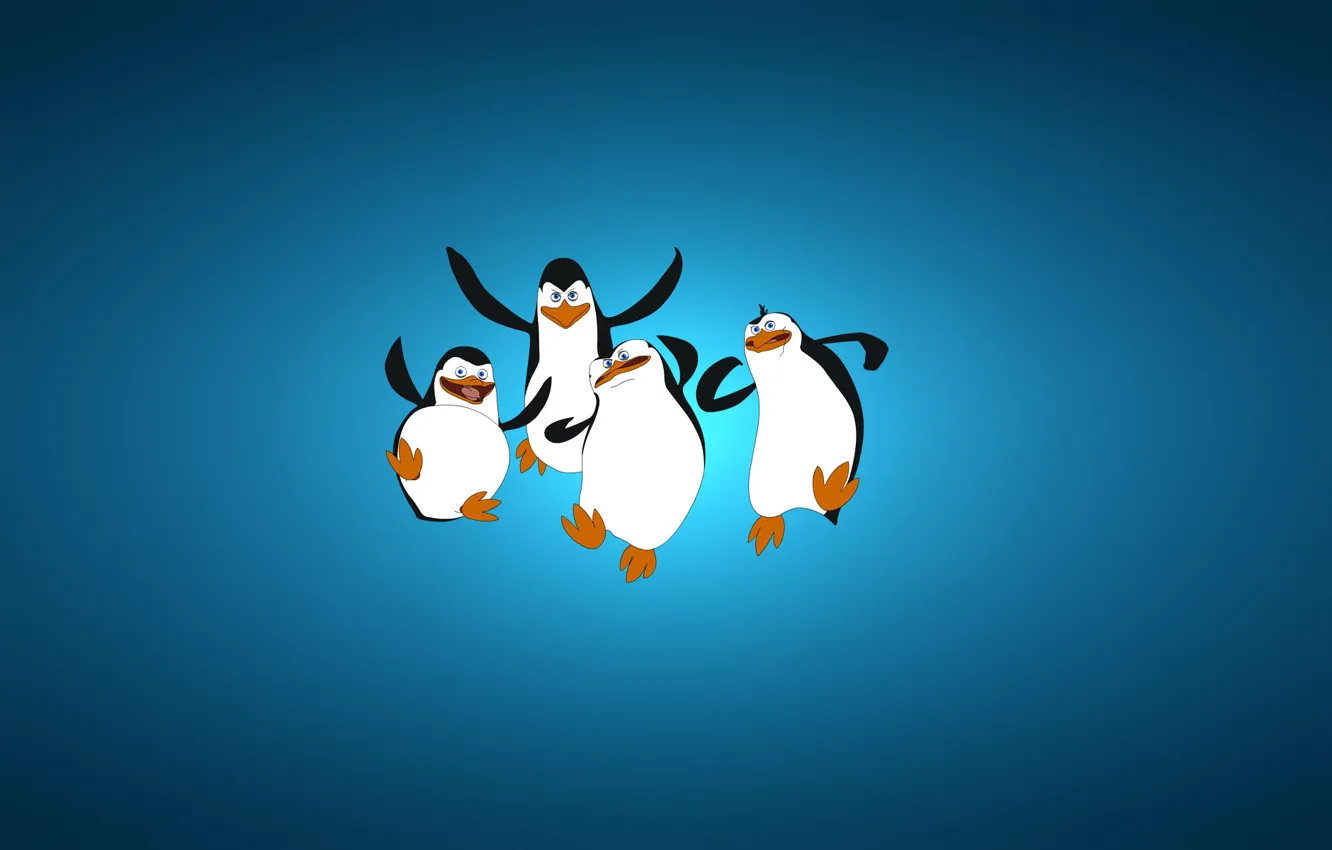 Photo wallpaper minimalism, blue background, four, The Penguins of Madagascar, The penguins of Madagascar