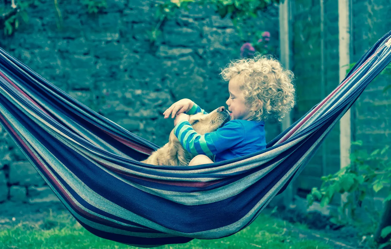 Photo wallpaper children, mood, dog, hammock