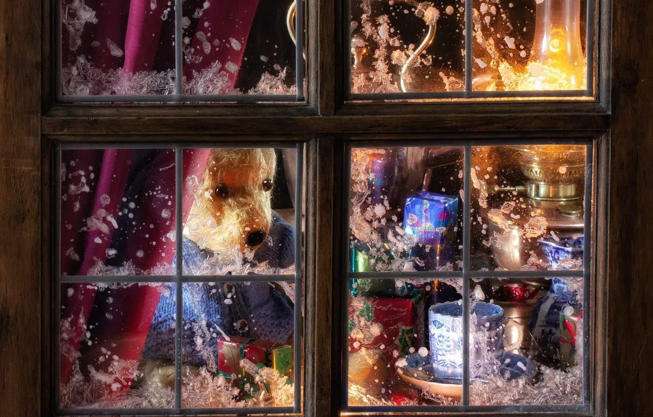 Photo wallpaper lamp, window, frost, Christmas, bear, mug, New year