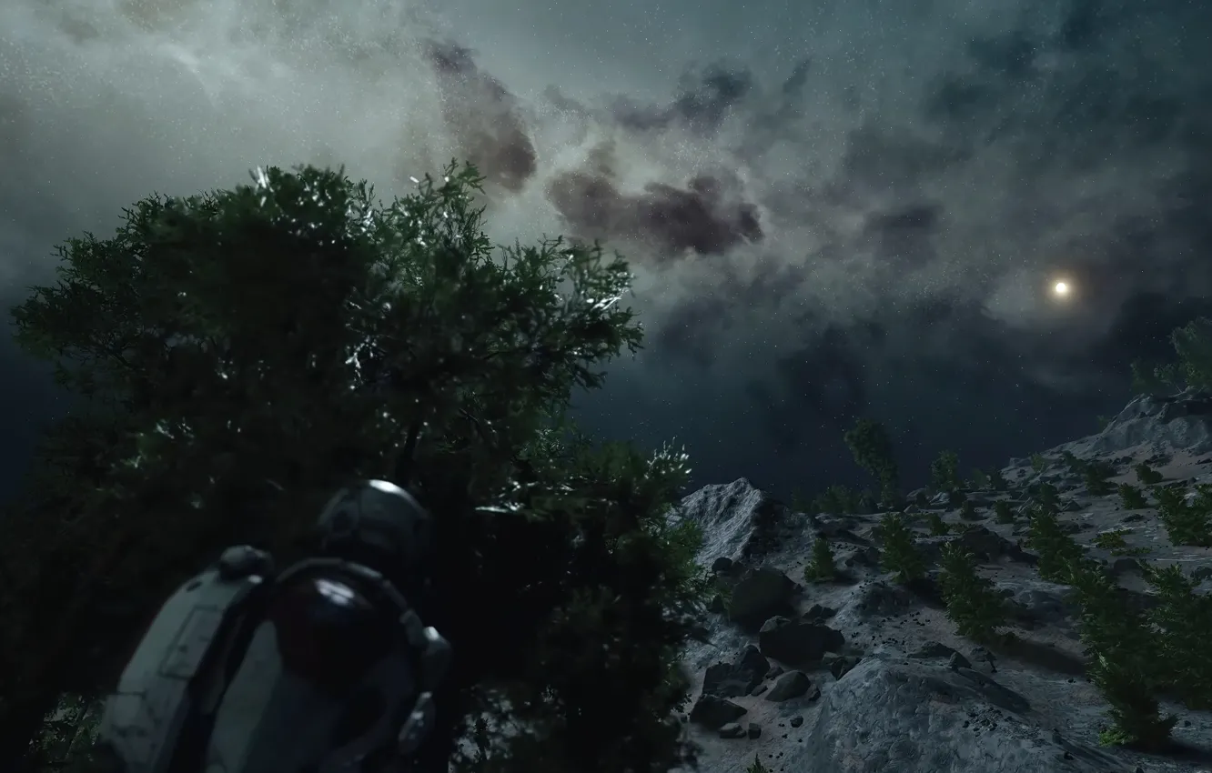 Photo wallpaper game, night, Starfield, hill