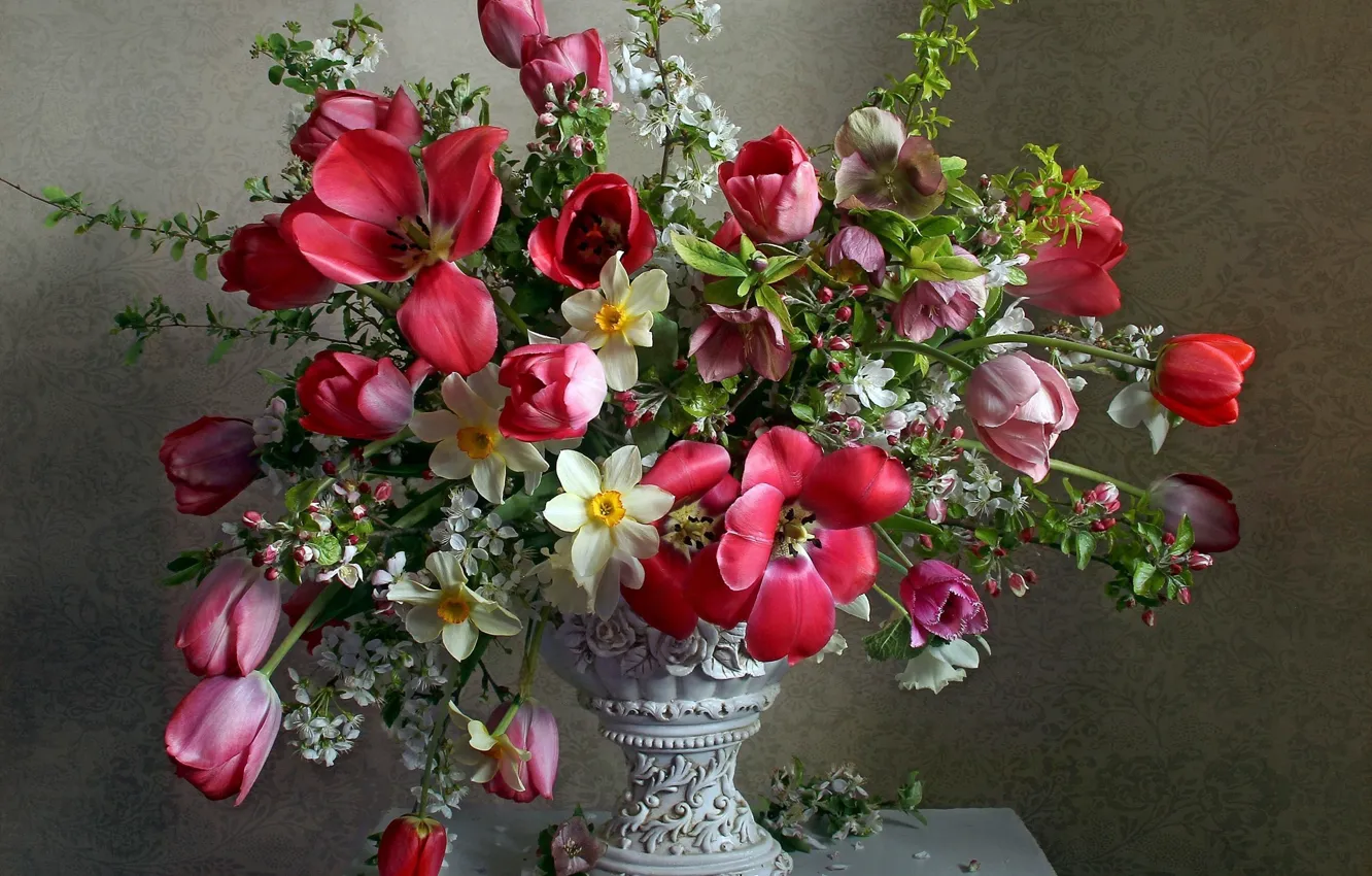 Photo wallpaper cherry, bouquet, tulips, vase, daffodils, hellebore