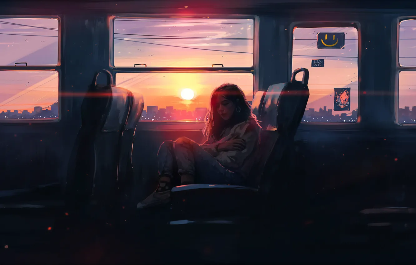 Photo wallpaper girl, the sun, sunset, art, bus, art, Aenami, by Aenami
