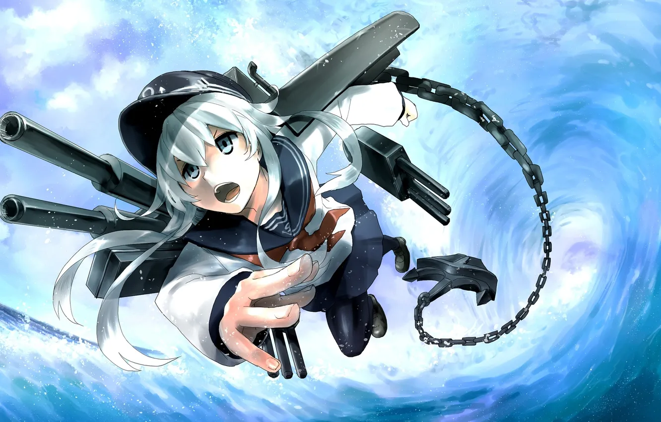 Photo wallpaper wave, water, girl, the ocean, art, chain, form, anchor