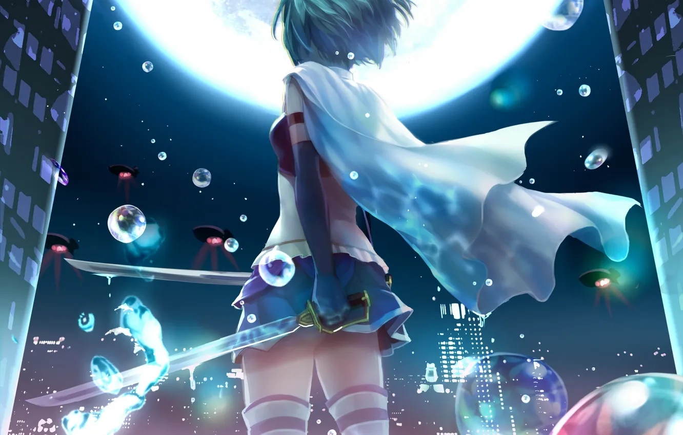 Photo wallpaper girl, night, the city, bubbles, weapons, the moon, home, anime