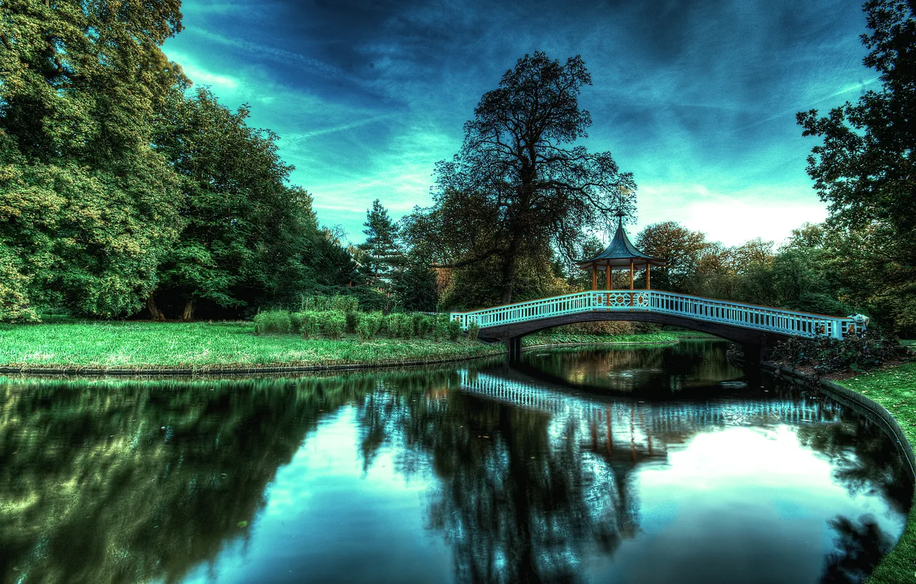 Photo wallpaper the sky, grass, trees, landscape, reflection, river, the bridge