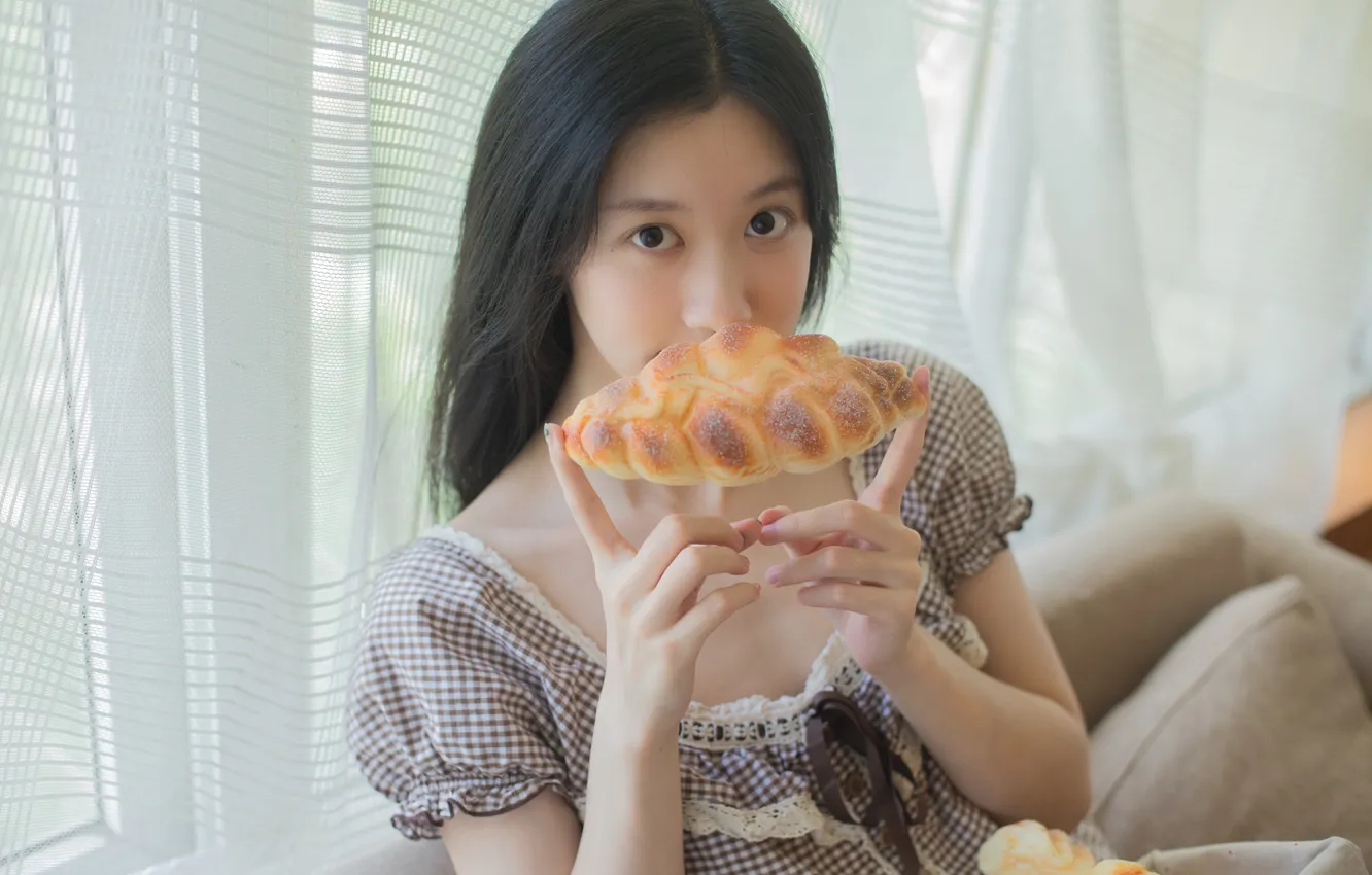 Photo wallpaper woman, smile, food, beautiful, model, pretty, window, asian