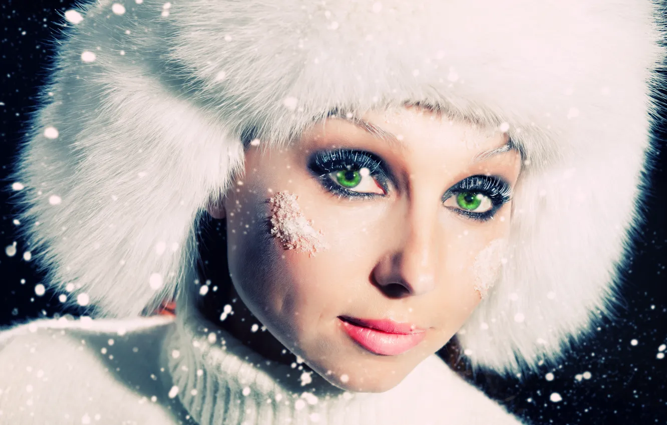 Photo wallpaper winter, girl, snow, snowflakes, hat