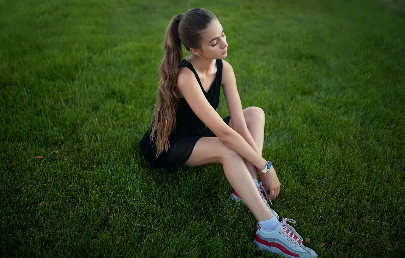 Photo wallpaper grass, girl, pose, feet, long hair, sneakers, Dmitry Shulgin, Diana Zherdeva