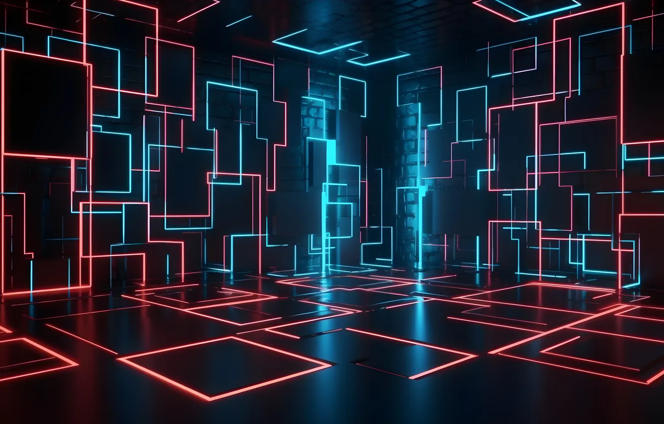 Photo wallpaper abstract, futuristic, geometric, neon lights, dark room