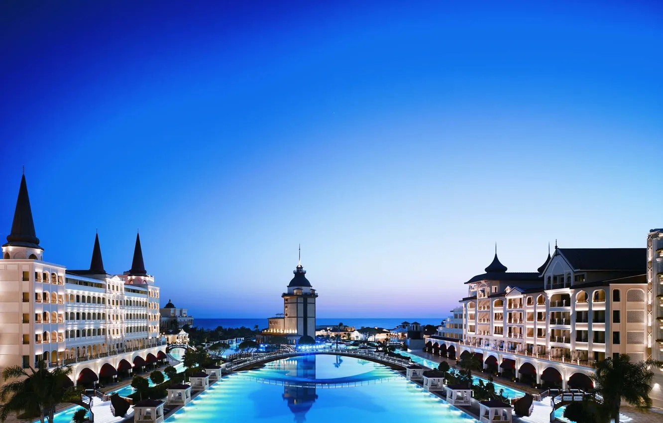 Photo wallpaper sea, the sky, trees, bridge, the city, building, the evening, pool