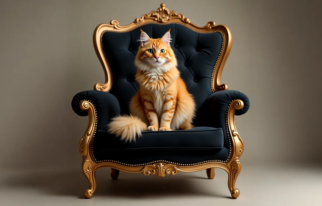 Photo wallpaper cat, cat, look, pose, chair, red, grey background, face