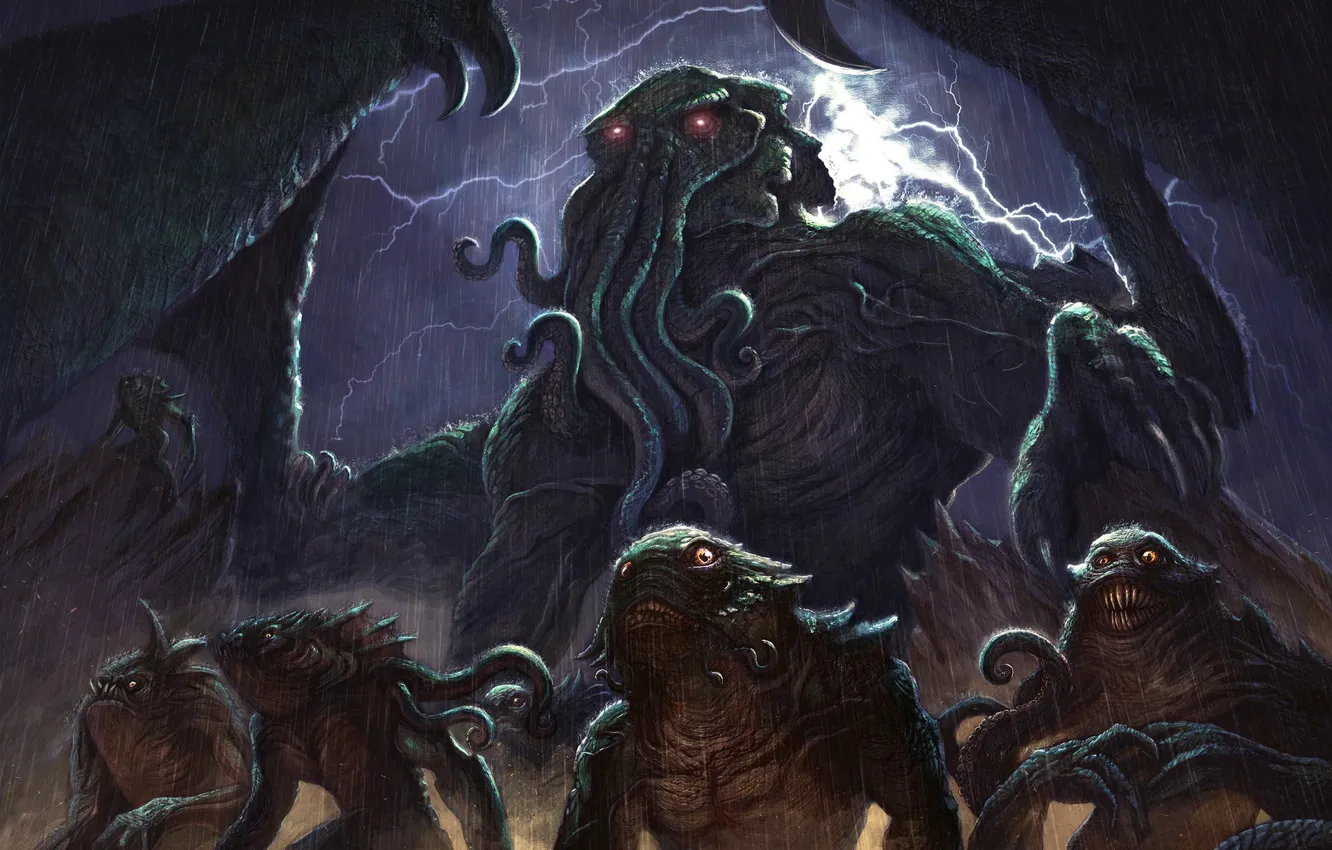 Photo wallpaper fiction, lightning, monster, the demon, Cthulhu, demon, Cthulhu, Illustration