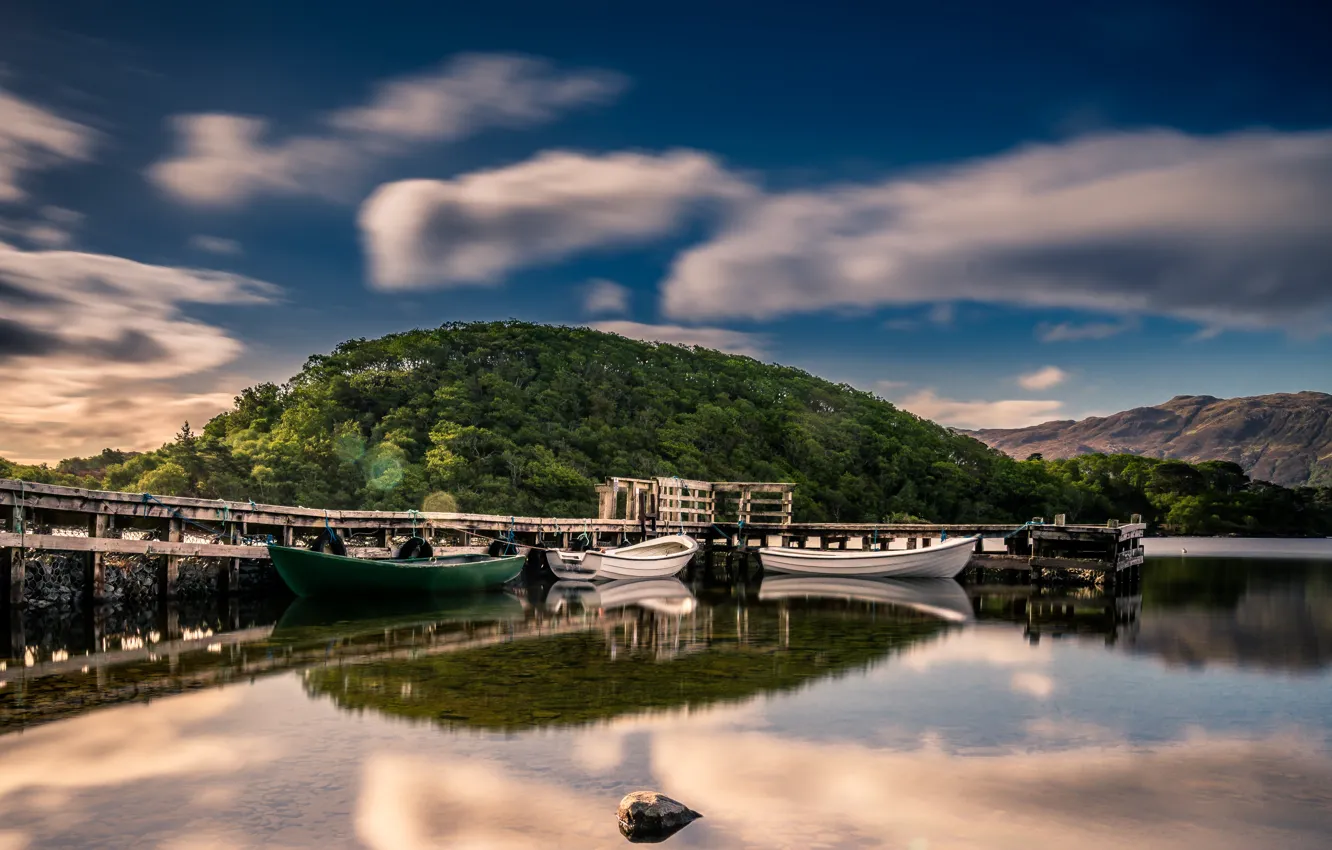 Photo wallpaper clouds, landscape, nature, lake, boat, pier, Scotland, UK