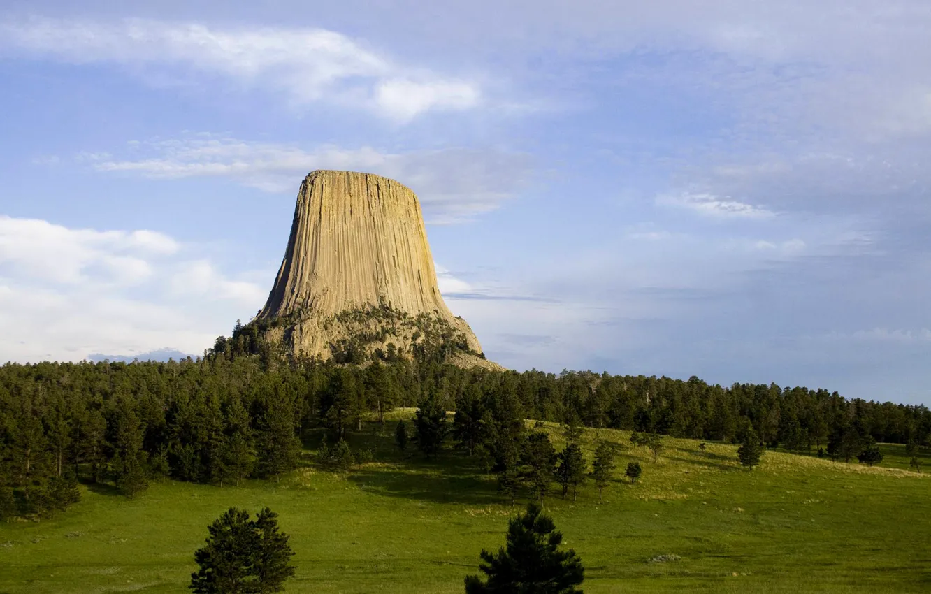 Photo wallpaper the sky, clouds, mountains, rocks, Devil's tower