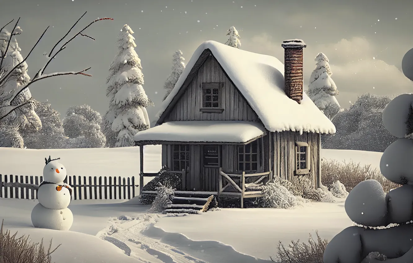 Photo wallpaper winter, snow, new year, hut, home, Christmas, house, snowman