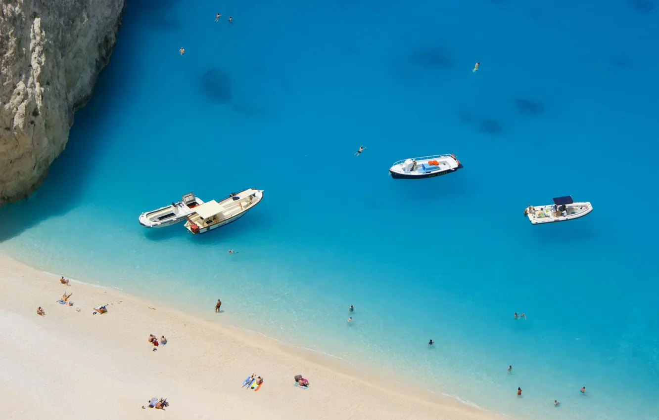 Photo wallpaper beach, rock, people, boat, island, Greece, The Ionian sea, Zakynthos
