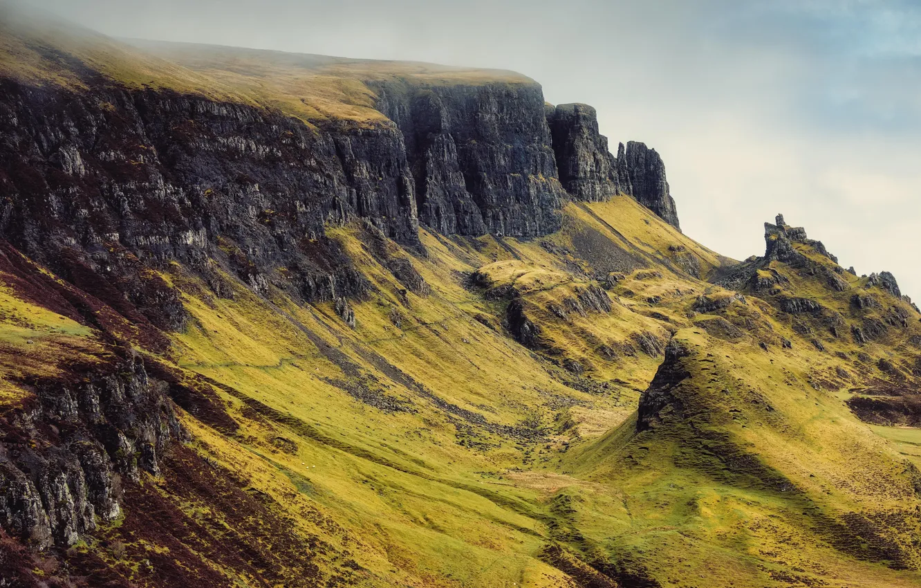 Photo wallpaper landscape, nature, Europe, clouds, fog, Scotland, mist, cliff