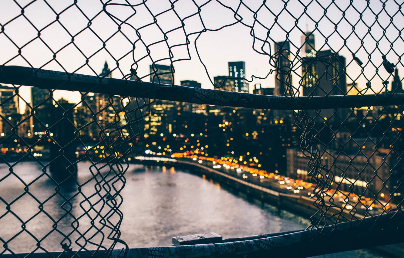 Photo wallpaper bridge, river, street, the fence, New York, horizon, twilight, cars