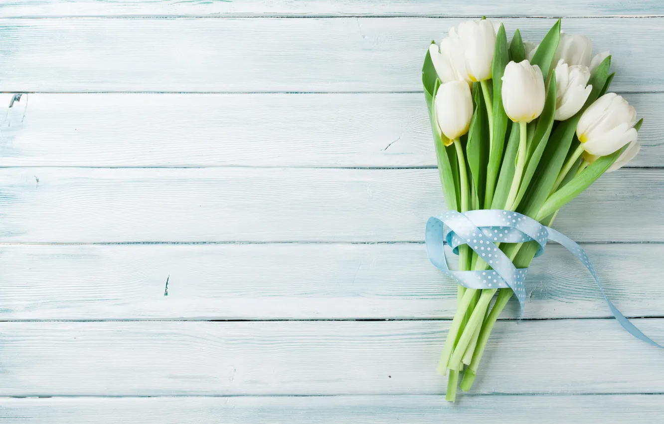 Photo wallpaper flowers, bouquet, tulips, white, wood, flowers, tulips, bouquet