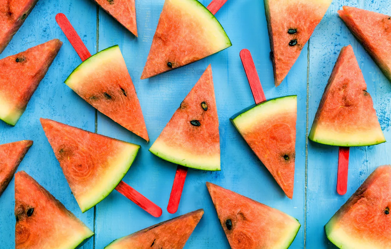 Photo wallpaper watermelon, fresh, wood, slices, watermelon, slice